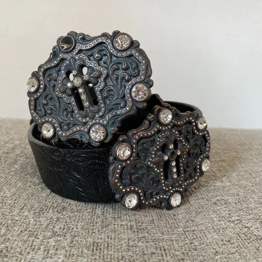Y2K Men Leather Belt Size M/L Tooled Concho Cross Rhinestones Grunge Alternative